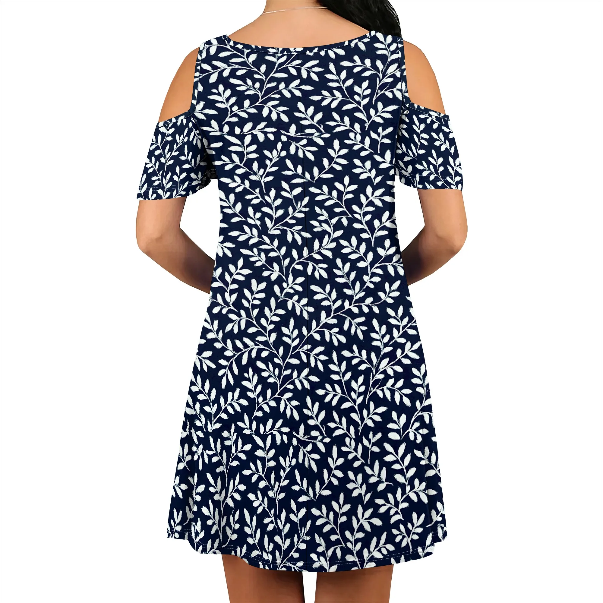 ผู้หญิงชุดไหล่เย็นลายดอกไม้พิมพ์แขนสั้น Sundress พร้อมกระเป๋า
