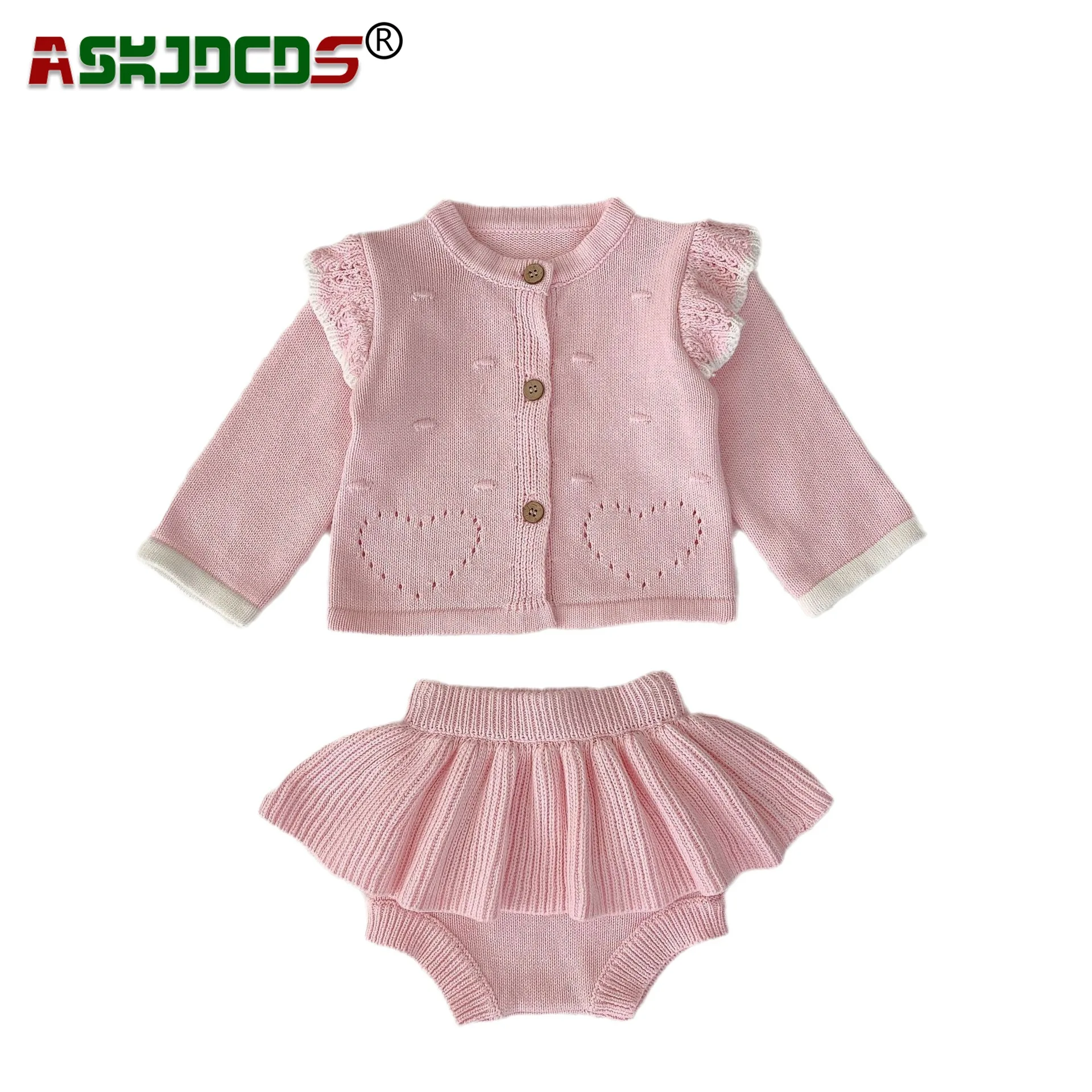 

2023 Autumn Fashion for Kids Baby Girls: Pink Long Sleeve Scalloped Knit Top Cardigan Coat + Ruffled Hem Skirt Pants 0-3Y