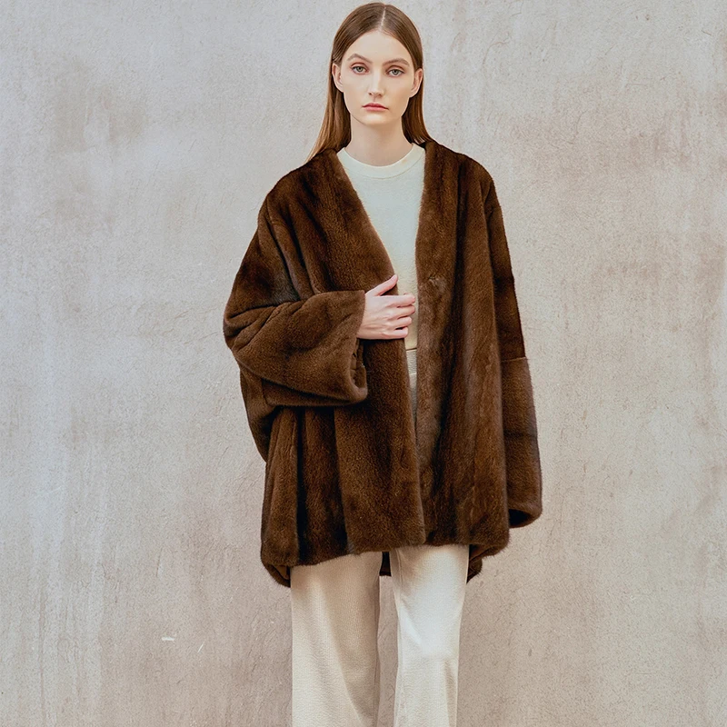 Ftangaiur 겨울 수입 백조 벨벳 밍크 퍼 코트 브이넥 긴 소매 밍크 코트 여성용 루즈핏 부드러운 천연 리얼 밍크 퍼 코트