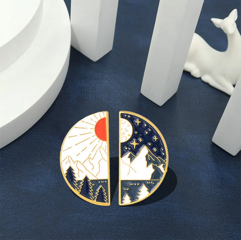 Landscape Enamel Pins Couples Day and Night Brooch Lapel Badge Outdoors Camping Jewelry Gift for Kids Friends Sun and Moon