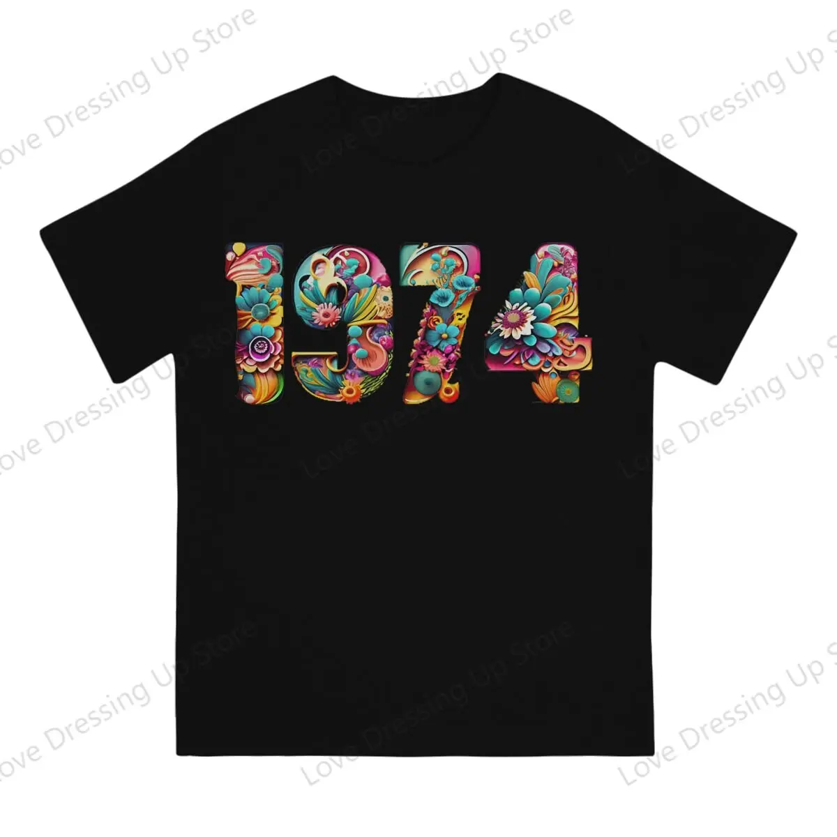 Groovy colourful 1974 seventies lettering vintage birthday Large printed cotton men's Tshirt Short Sleeve Tshirts