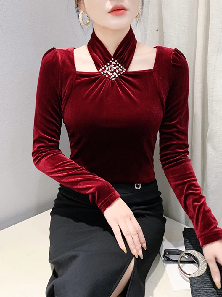 Sexy Samt-Langarmshirt für Damen, Frühlingsfest-Feier, Strass, schmal geschnitten, vielseitig, Trendy