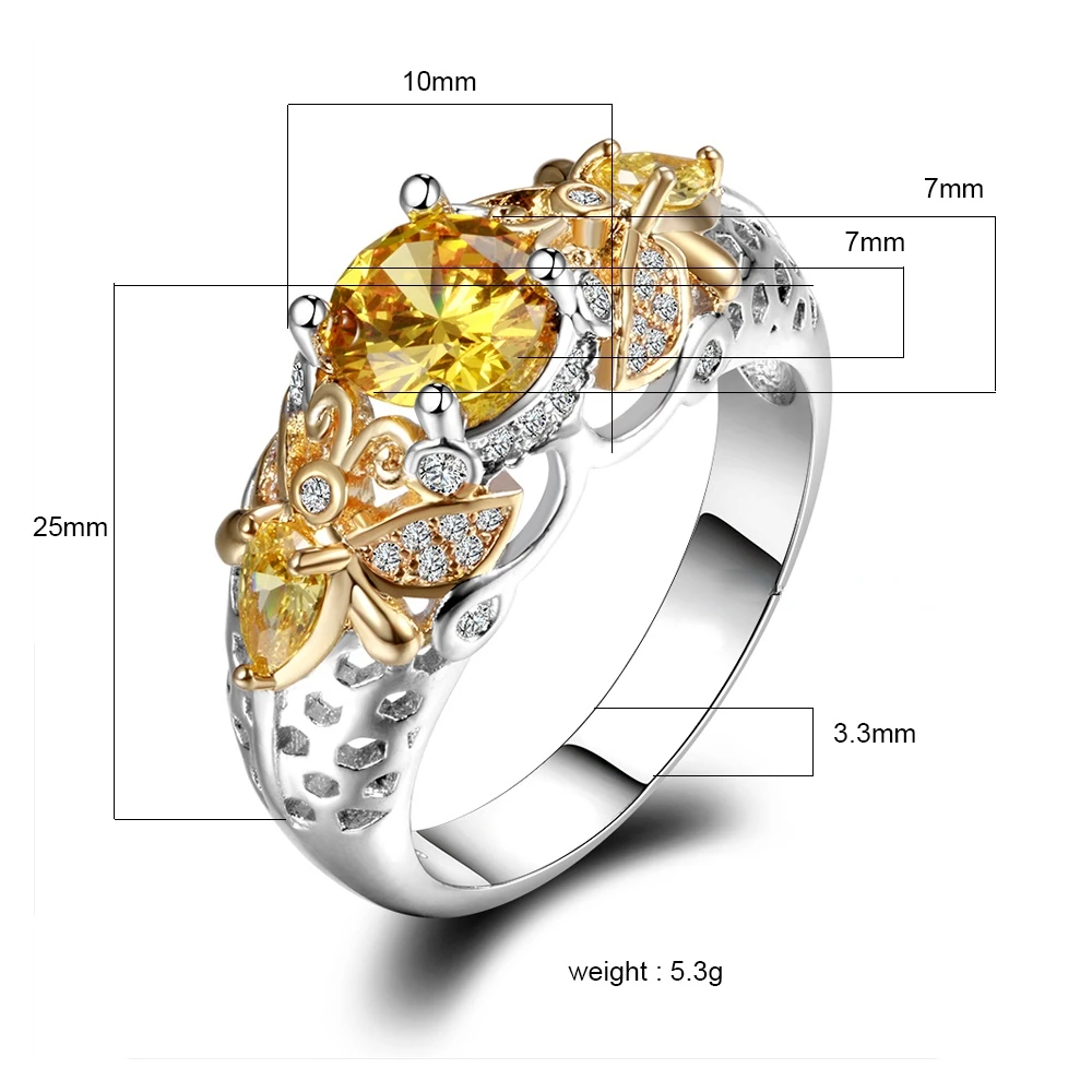 Geel Citrien Animal Bee Vinger Ringen Voor Vrouwen Mannen Met Zirkoon Zilveren Sieraden Engagement Party Anniversary Gifts Size 6-10