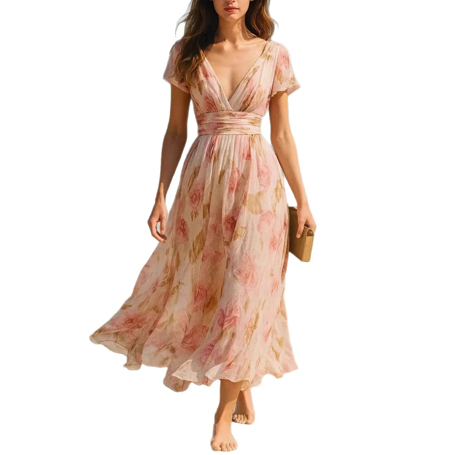 Elegant Party Dress Floral Long V Neck Wedding Guest Dresses High Waist Maxi Dress Sheer Chiffon Wrap Front Evening Dress A Line