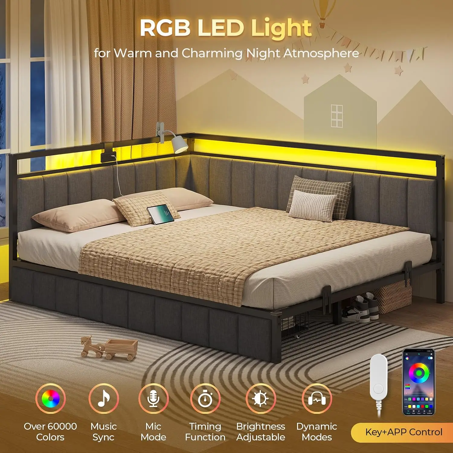 Queen Corner Bed Frame with Storage Drawers & Upholstered Fence, Daybed with LED Light & Charging Station, Gray, Customized