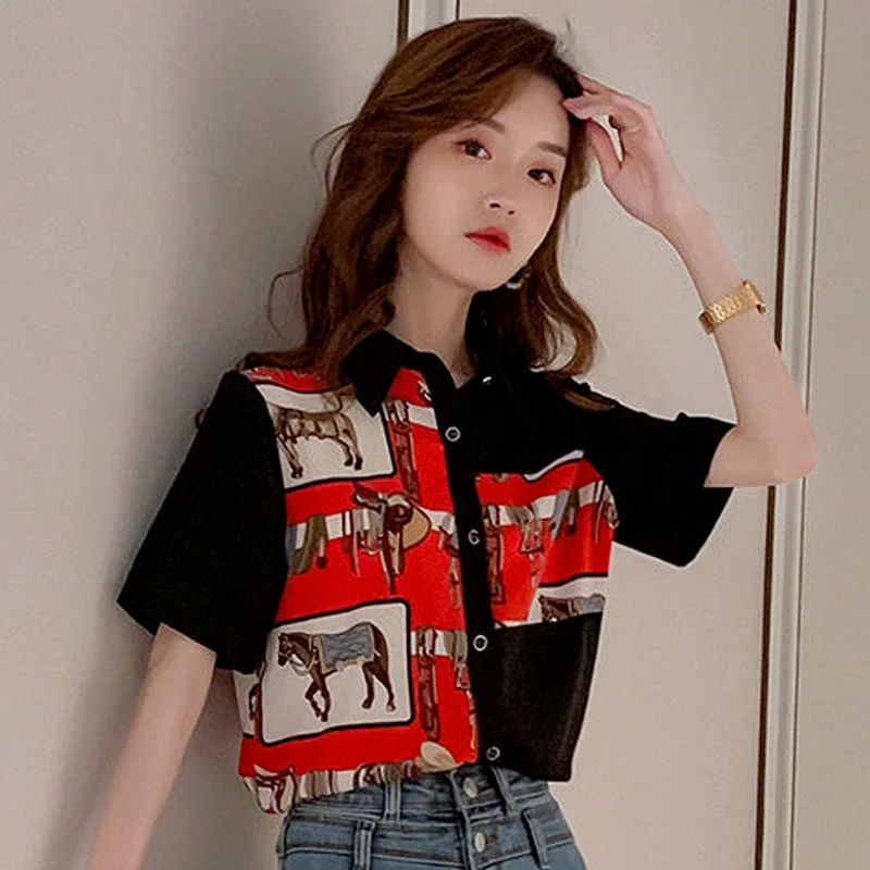 Shirts Women Loose Leisure Korean Version Print Turn-down Collar Short Sleeve Fashionable Femme Soft All-match Summer Retro Chic