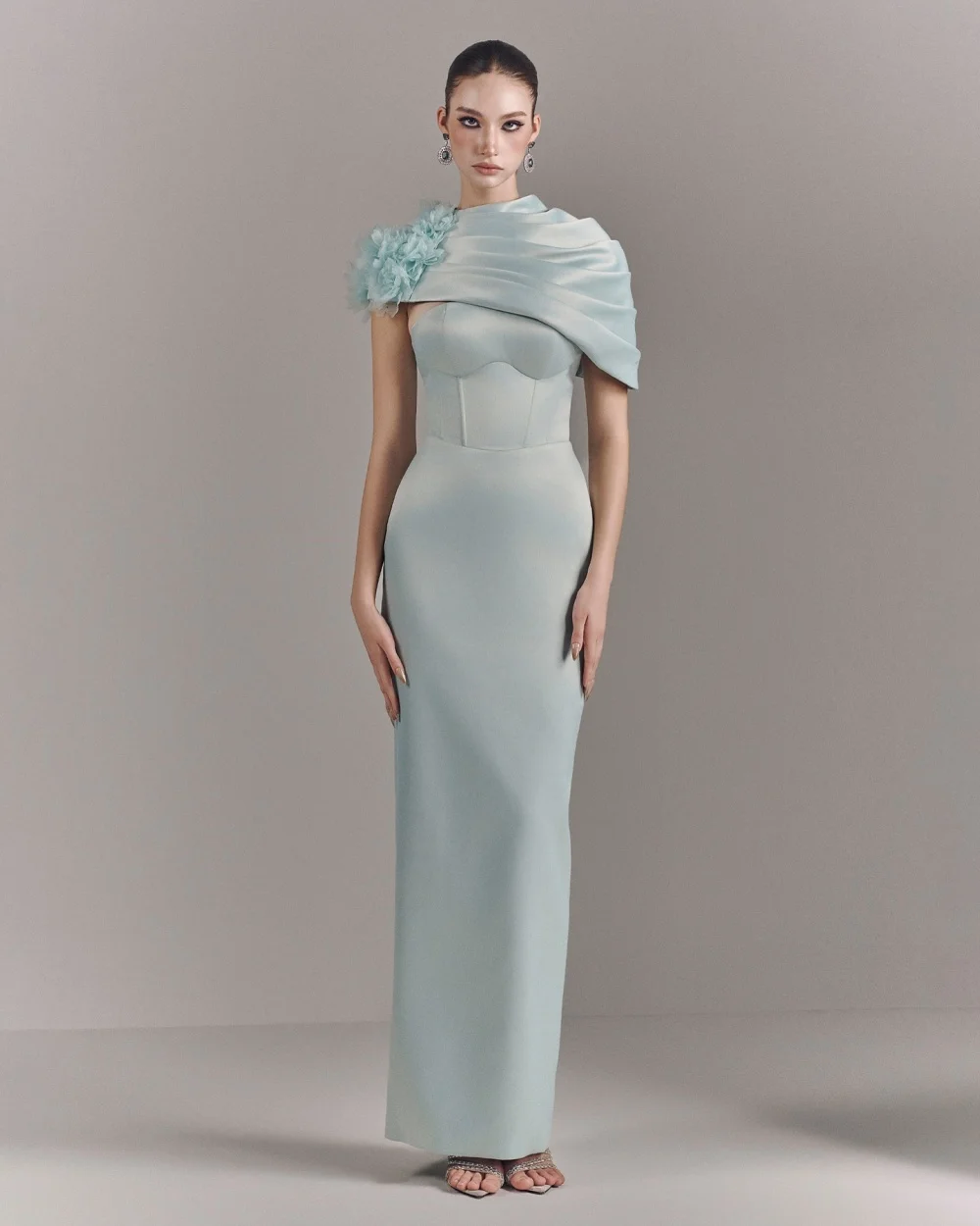 

Customized Classic Women Charmeuse Handmade Flower Pleat Straight Evening Dresses Sexy Strapless Sleeveless Ankle Length Dresses