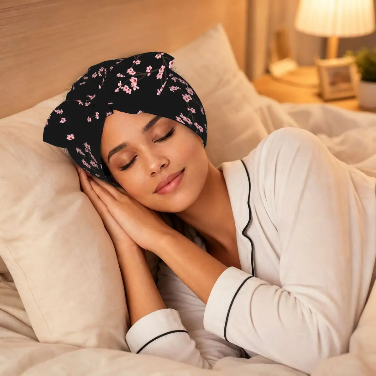 Japanese Sakura Cherry Blossoms Sleep Bonnet Double Layer with Adjustable Bow, Reversible Hair Cap for Curly Braids Hair