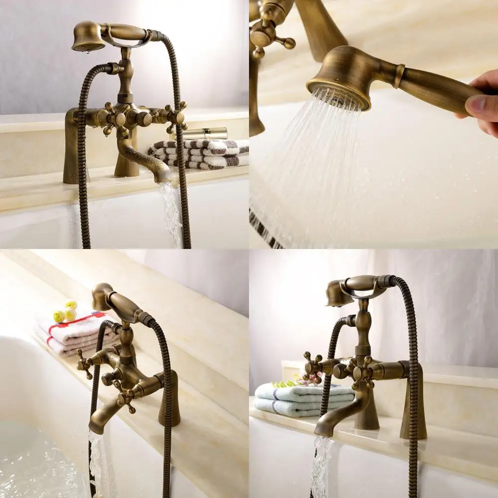 

Vintage Brass Clawfoot Bathtub Shower Combo Faucet Deck-Mounted with Two Handles, Antique Brass Finish, 6 Centers Bathroom Fixtu
