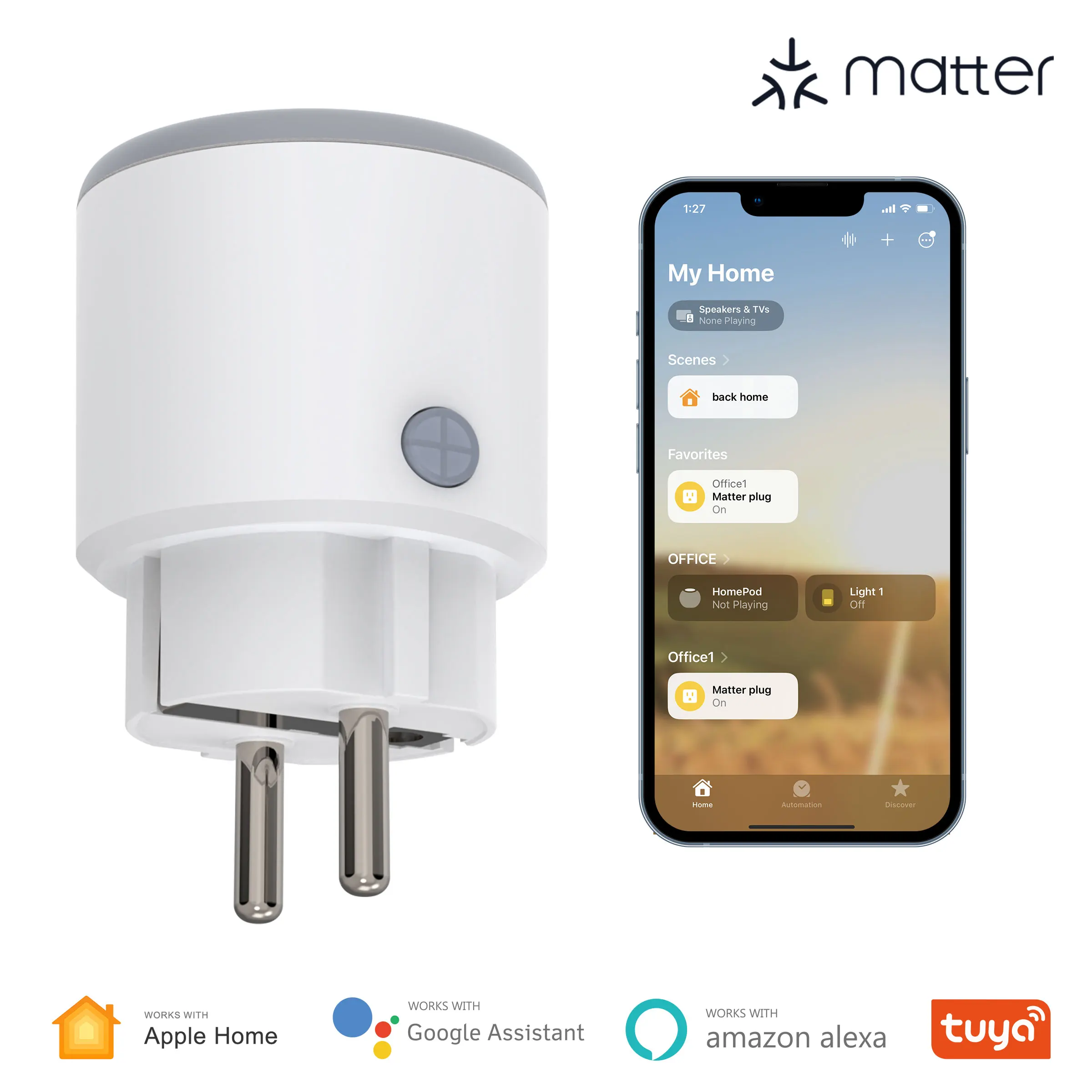 Smart Plug Matter Apple Homekit Socket Outlet WiFi Smart Home Adapter Energy Metering Works with Siri Alexa Hey Google Tuya App