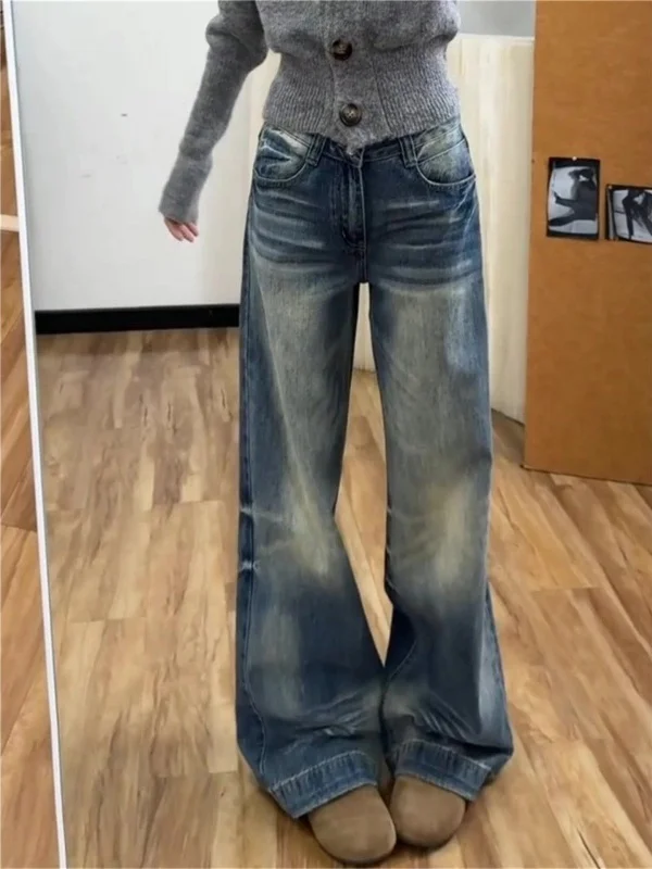 

Широкие джинсы с темно-синим узором в американском стиле, женские широкие брюки с грушевым узором, широкие брюки на бедрах, повседневные пригородные брюки...