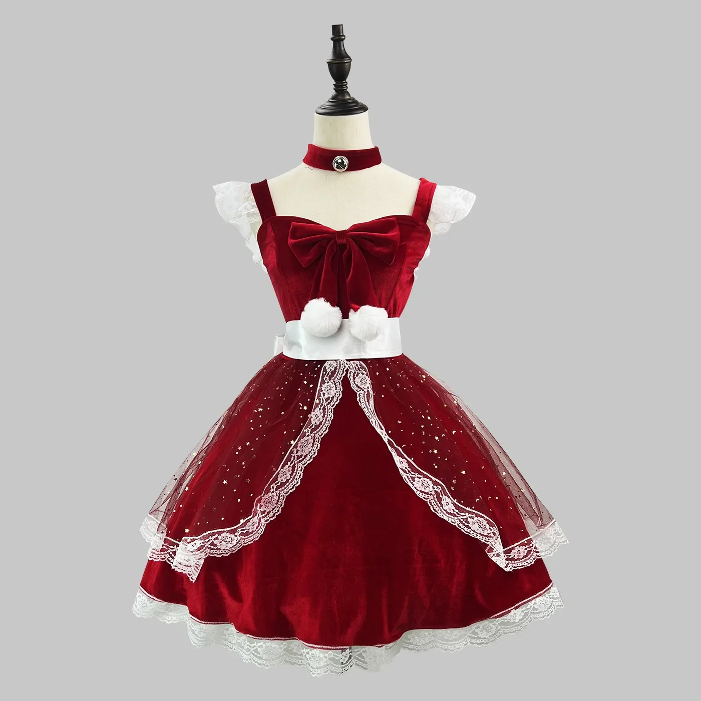 Sweet Lolita-Robes rouges de Noël en dentelle pailletée avec étoile, boule de princesse vintage élégante, quel que soit l'uniforme de cosplay de Noël et du Nouvel An