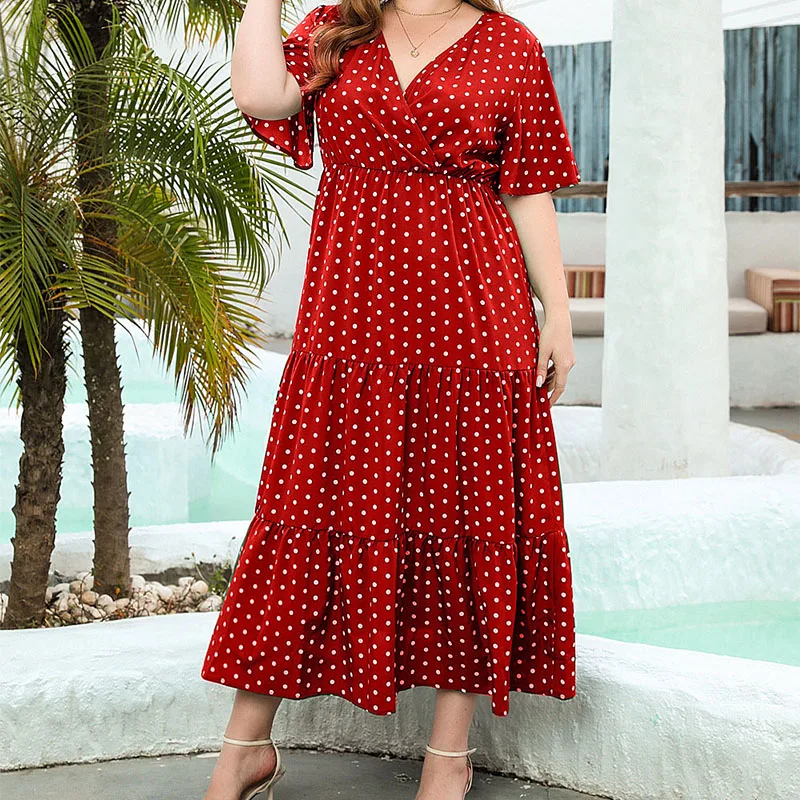 보헤미안 도트 프린트 V넥 여성 플러스 사이즈 반팔 여름 드레스 캐주얼 휴가 선드레스 큰 사이즈 우아한 맥시 드레스