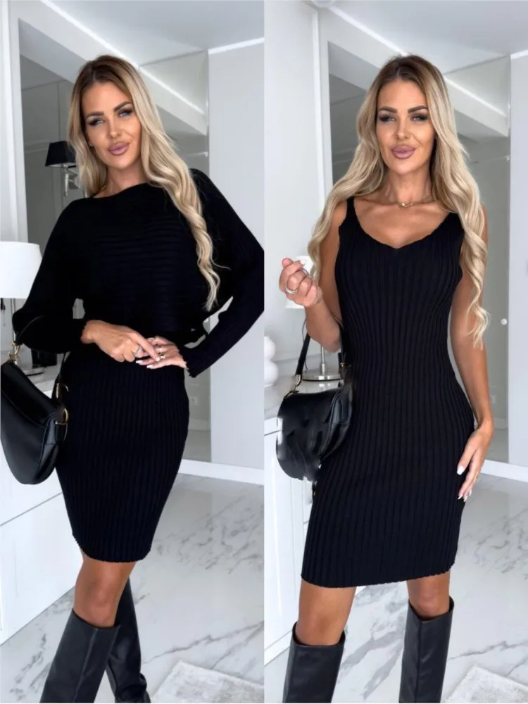 Dress For Women New Winter Fashion Slim Fit Sexy Solid Two Piece Mid Length Women Elegant Knitted Pit Stripe Dress Vestido