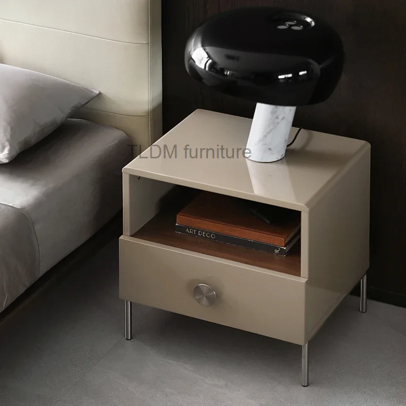 Nordic Italian Minimalist Nightstand Wood Glossy Lacquer Drawer Bedside Table Coffee Luxury Chevet De Lit Meuble Furniture WKNS