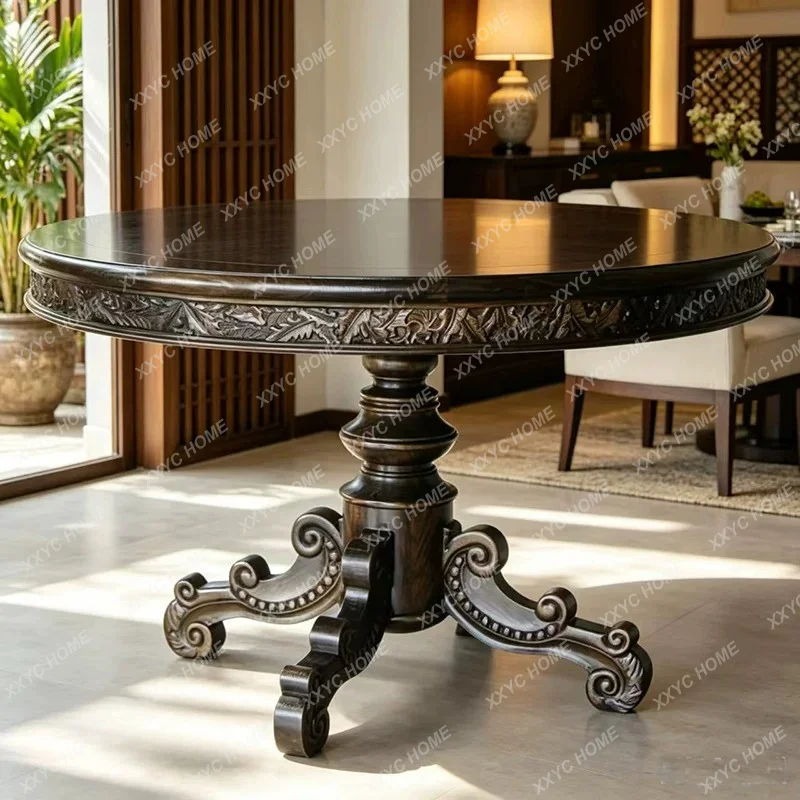 Style Solid wood round table Ancient and modern logs Customizable furniture Elm retro dining table
