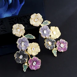 ThreeGraces Beautiful Cubic Zirconia Long Multicolor Flower Dangle Drop Earrings for Women Trendy Wedding Party Jewelry ER846