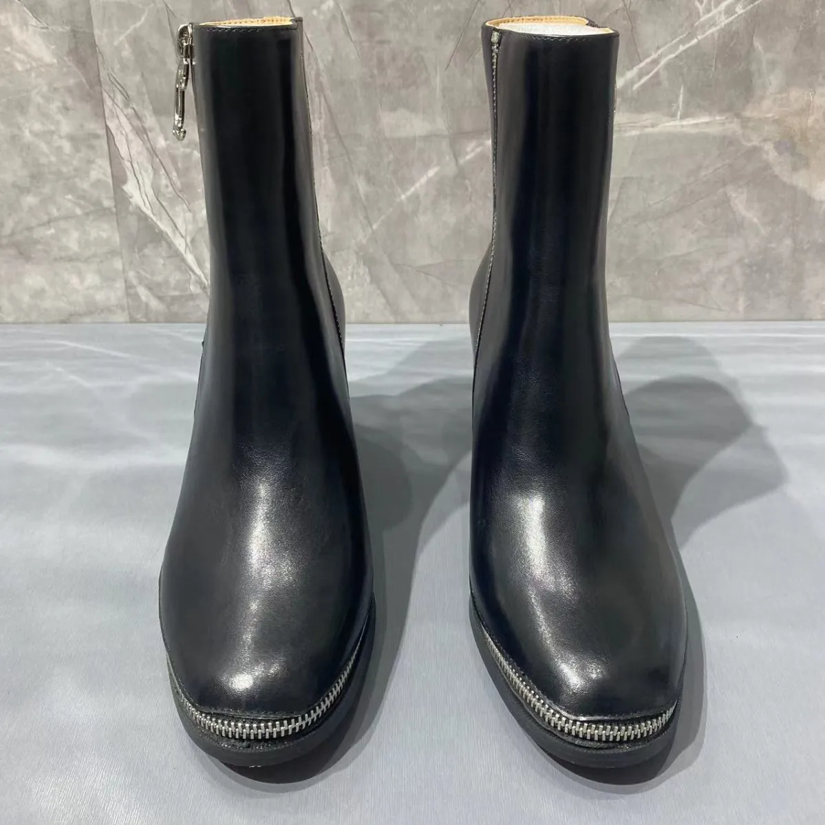 Square Toe Outer Zipper Decorat Ankle Boots Black Soft Leather Comfortable Chelsea Botines Red Bottom Thick Heeled Short Botas
