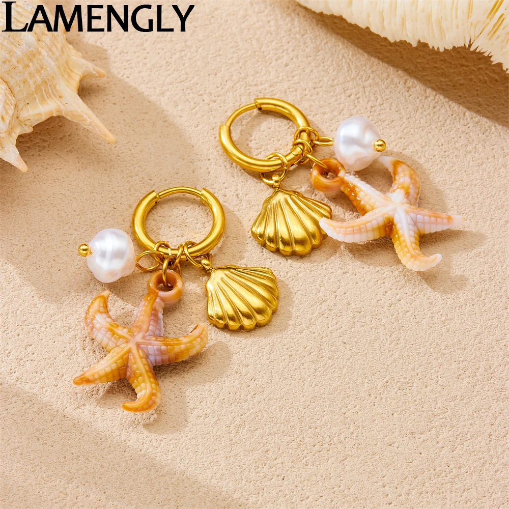 

LAMENGLY 316L Stainless Steel Amber Starfish Pearl Shell Pendant Earrings For Women New Trend Animal Eardrop Party Jewelry Gift