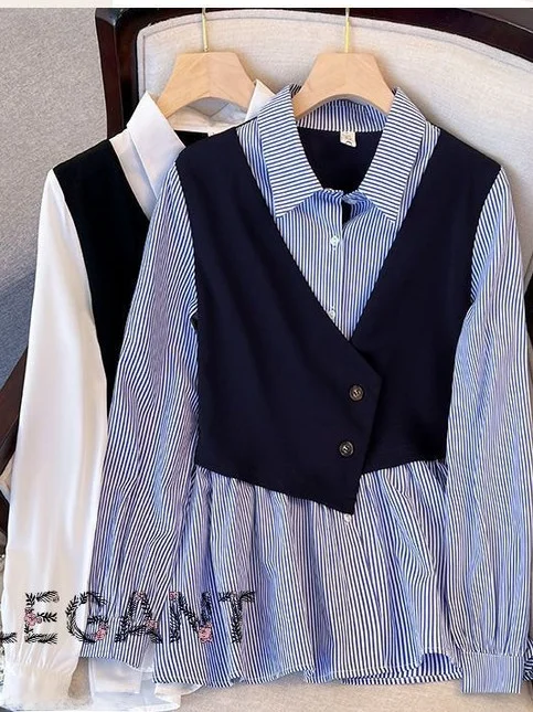 Chic Oversized Shirt Dressing Design Korean Style Striped Pattern Button Detail Fake Two-Piece Trendy Midi Length Women's Shirt