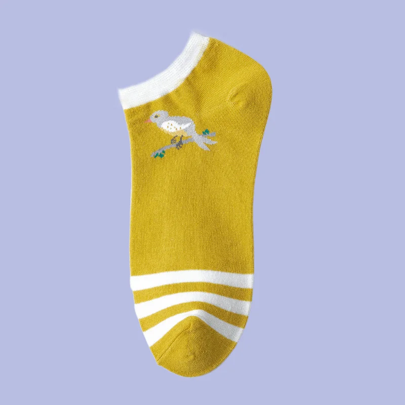 Chaussettes courtes respirantes à bouche peu profonde pour femmes, chaussettes bateau coupe basse, chaussettes Bot Bird, dessin animé mignon fin, 5/10 paires