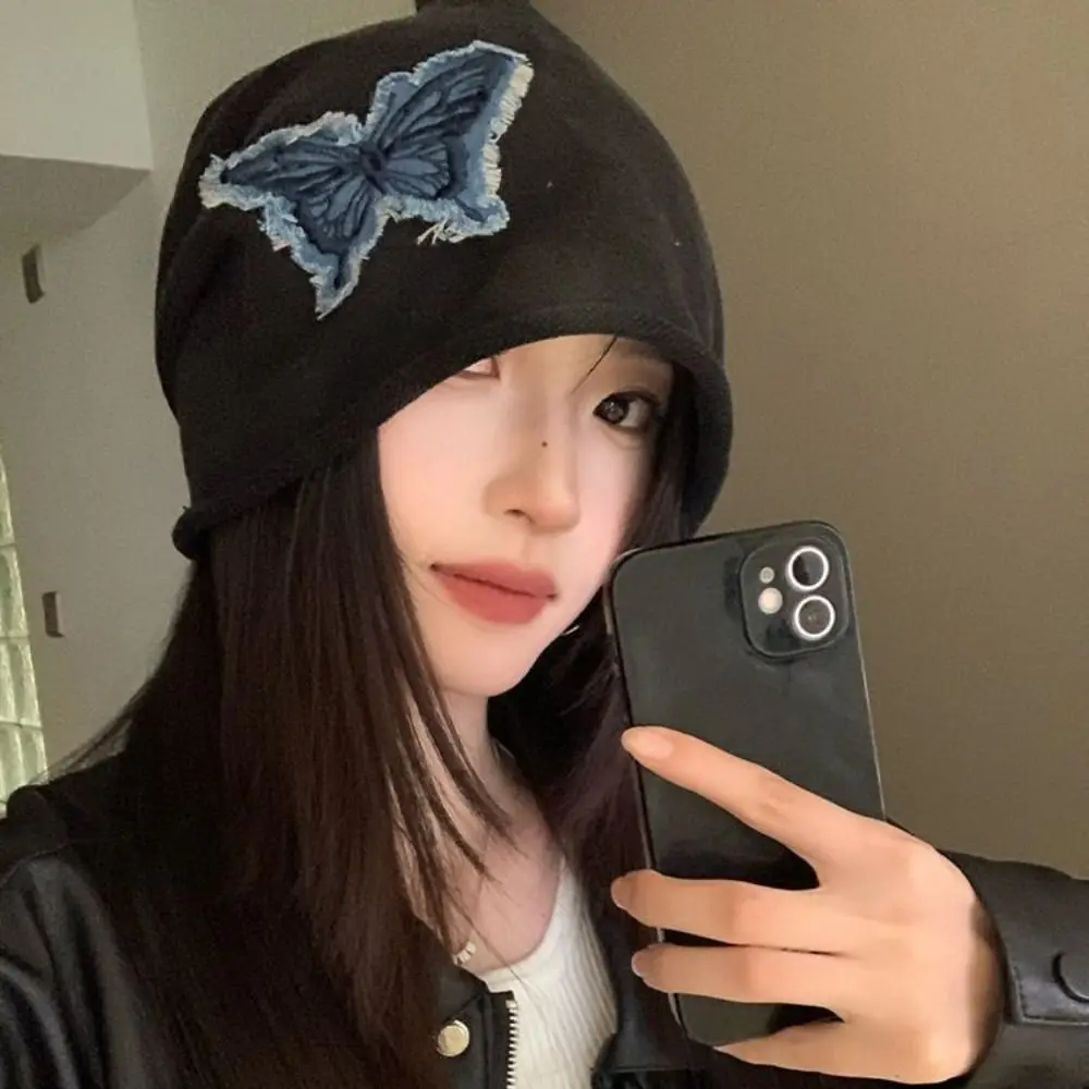 Casual Y2k Butterfly Beanies College Style Korean Style Retro Skullies Pile Cap Rolled Edge Pullover Hat Outdoor