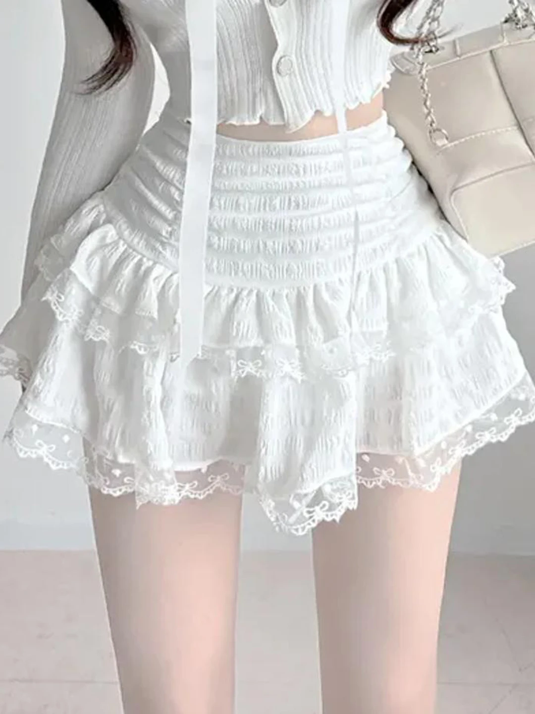 Romore Sweet Princ Sle Falda de pastel hinchada de cintura alta con empalme de encaje blanco Falda ort de línea A Material de nailon de poliéster