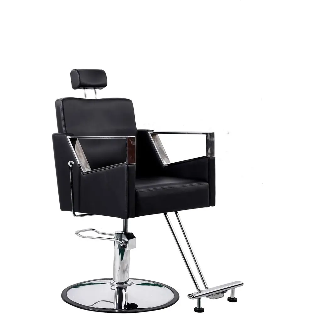 

Прочное парикмахерское кресло с черным круглым основанием, гидравлическим насосом и функцией откидывания спинки, идеально подходит для салонов и зон для мытья головы.