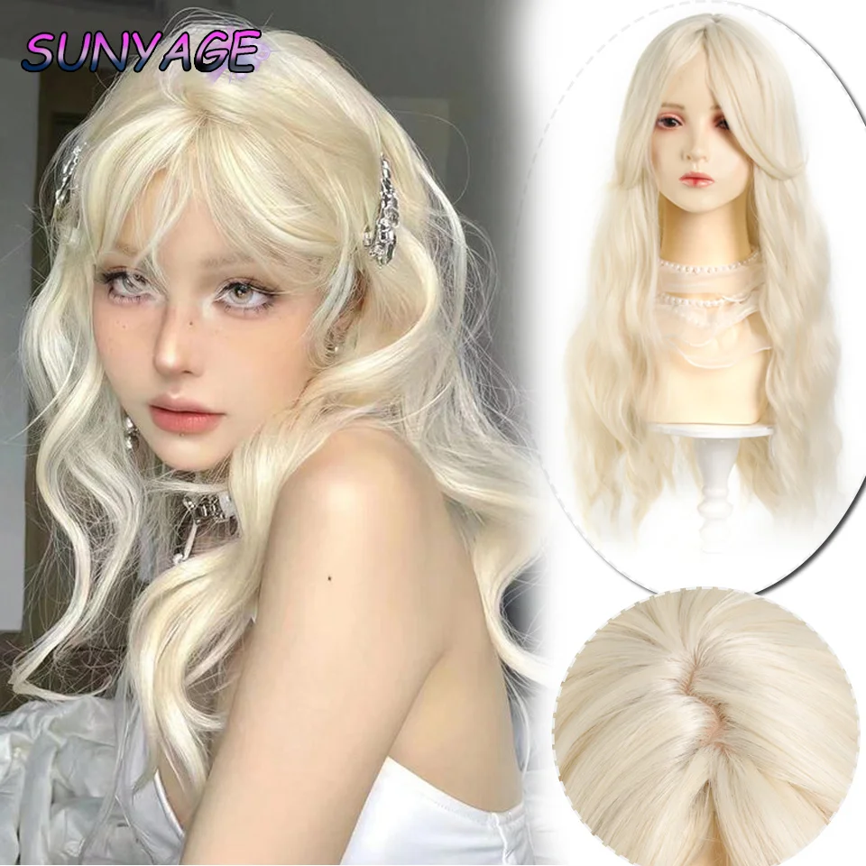 SUNYAGE Synthetic Wigs Long-Haired Women With White Gold Hair Full Head Eight-Character Bangs Big Waves And Long Curly Hair