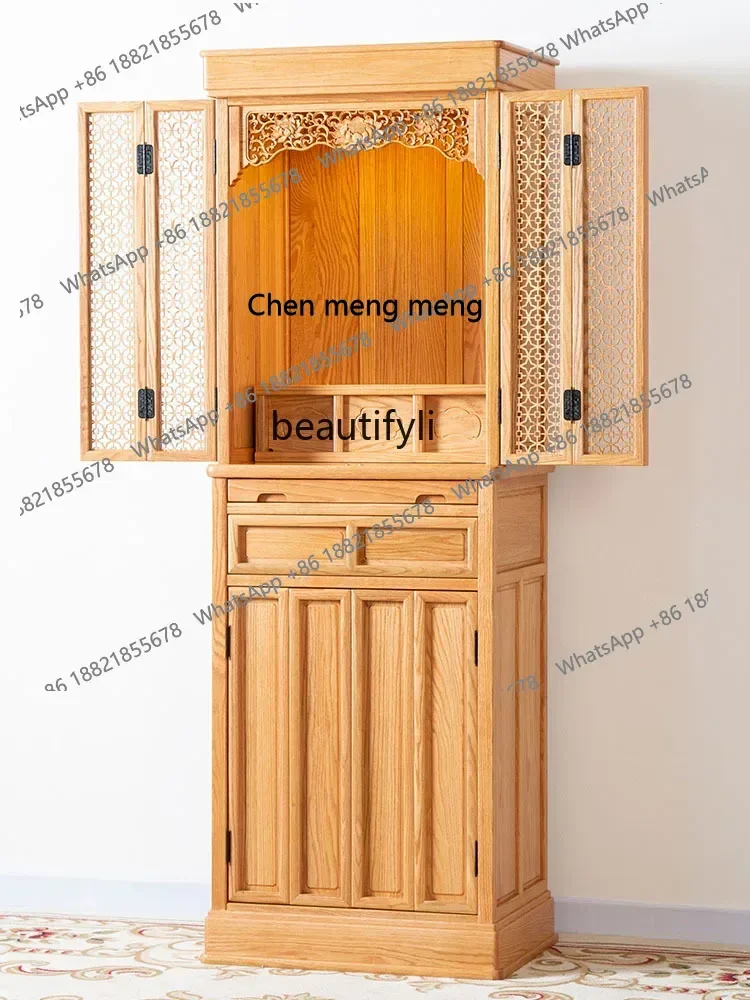 z183  Red Oak Solid Wood Buddha Shrine Altar Modern Household Shrine Clothes Closet with Door Fortune Buddha Cabinet