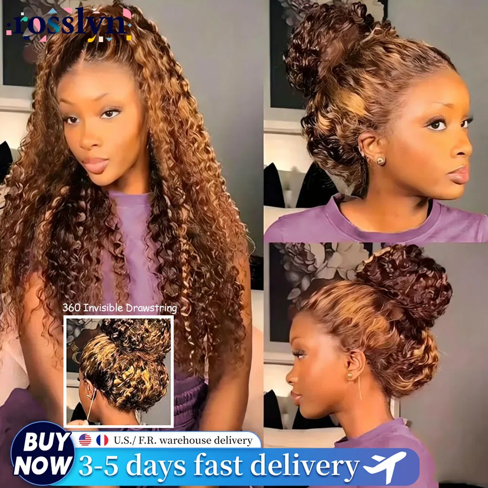 Highlight HD Invisible Strap 360 HD Lace Wig Pre Plucked Deep Wave Curly 200% Density 360 Invisible Drawstring Transparent Lace Frontal Wigs Highlight Wig Human Hair