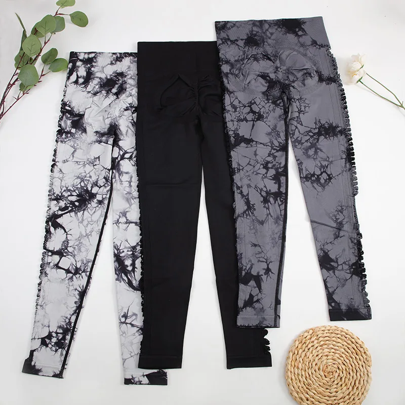 CHRLEISURE Tie Dye Yoga Pants Sexy Hollow Seamless Sport Leggings for Women Butt Lift Workout Leggings Elastic Activewear