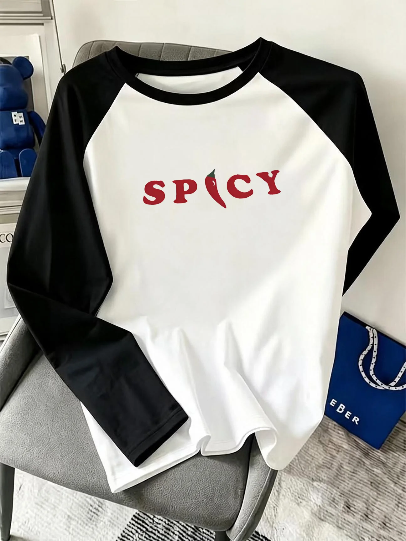 Casual Raglan Long Sleeve T-shirt Spicy Chili Pepper Letter Print T Shirt Women's Korean Style Streetwear Female Top 90s Clothes
