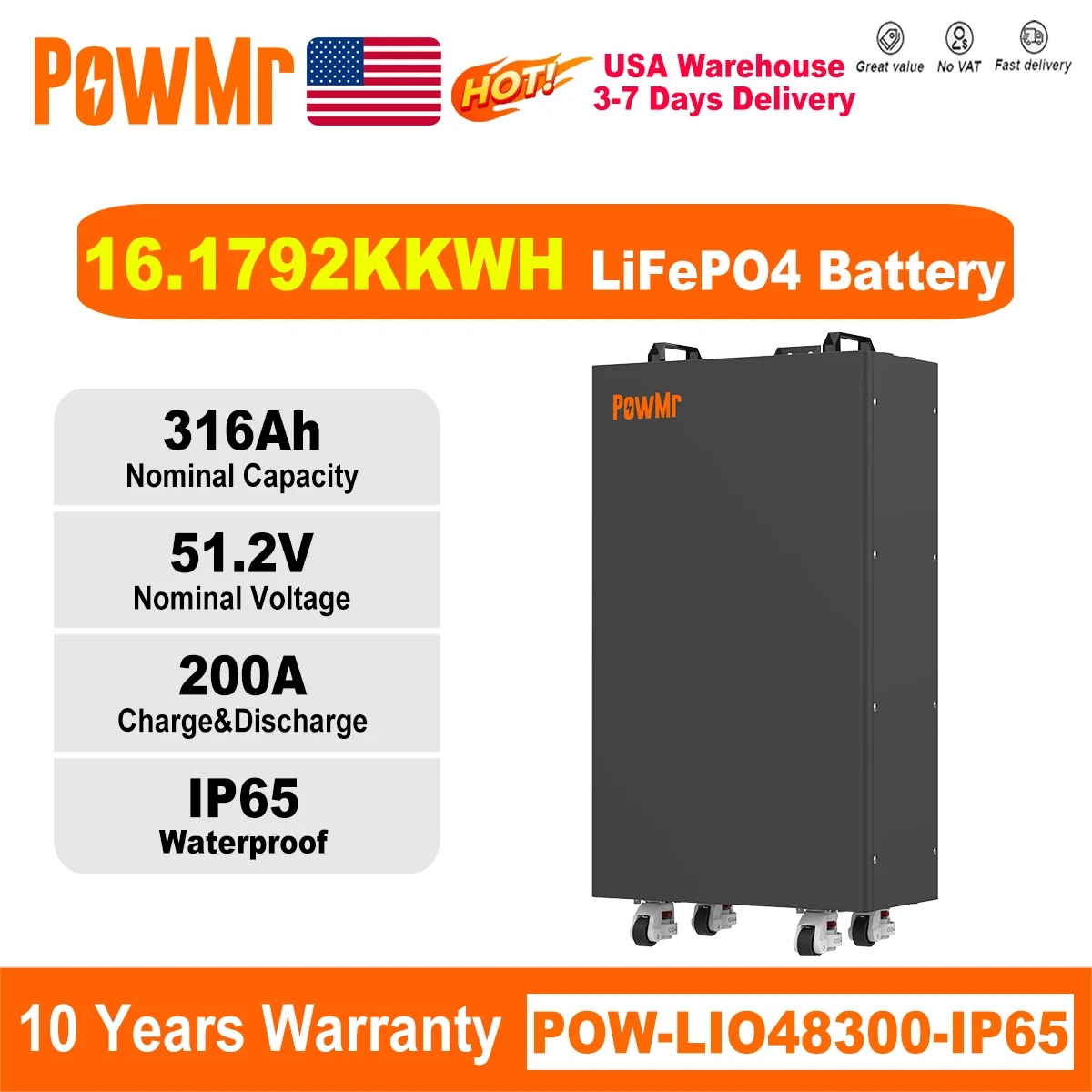 

Литий-железо-фосфатный аккумуляторный шкаф PowMr IP65 LiFePO4 51.2В 300Ач 48В 16кВтч 16S, параллельное подключение до 16 шт., 6000+ циклов, BMS