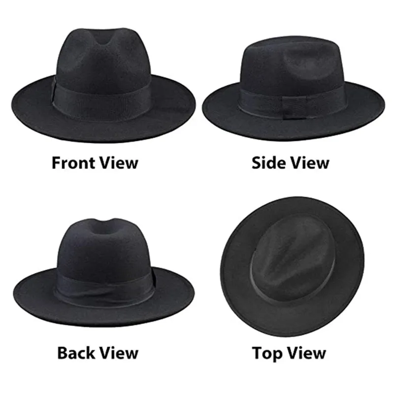 Breathable Solid Color Classic Black Elastic Fedora Hat Unisex Wool Felt Jazz Hats Elegant Men Women Wide Brim Panama Trilby Cap