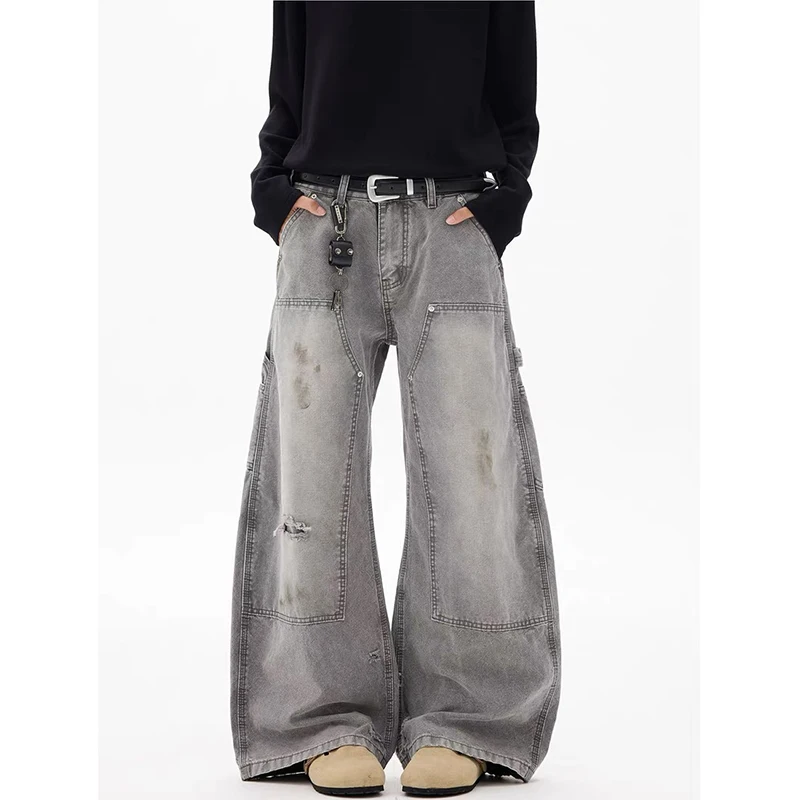 

YIBASHU Women Gray Y2k Baggy Ripped Jeans Japandi Style Vintage Oversize Jean Pants Harajuku Denim Trousers Alternative Clothes