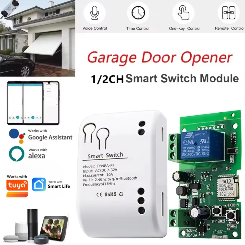 WIFI Smart Garage Gate Electric Door Access Motor Switch DC12V 24V AC220V 1/2CH Pulse Relay Module RF433 Remote Works with Tuya
