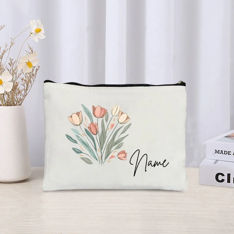 Tulip Flowers Customized Name Cosmetic Bag Wedding Bride Bridesmaid Lipstick Pouch Travel Storage Makeup Bags Personalized Gift