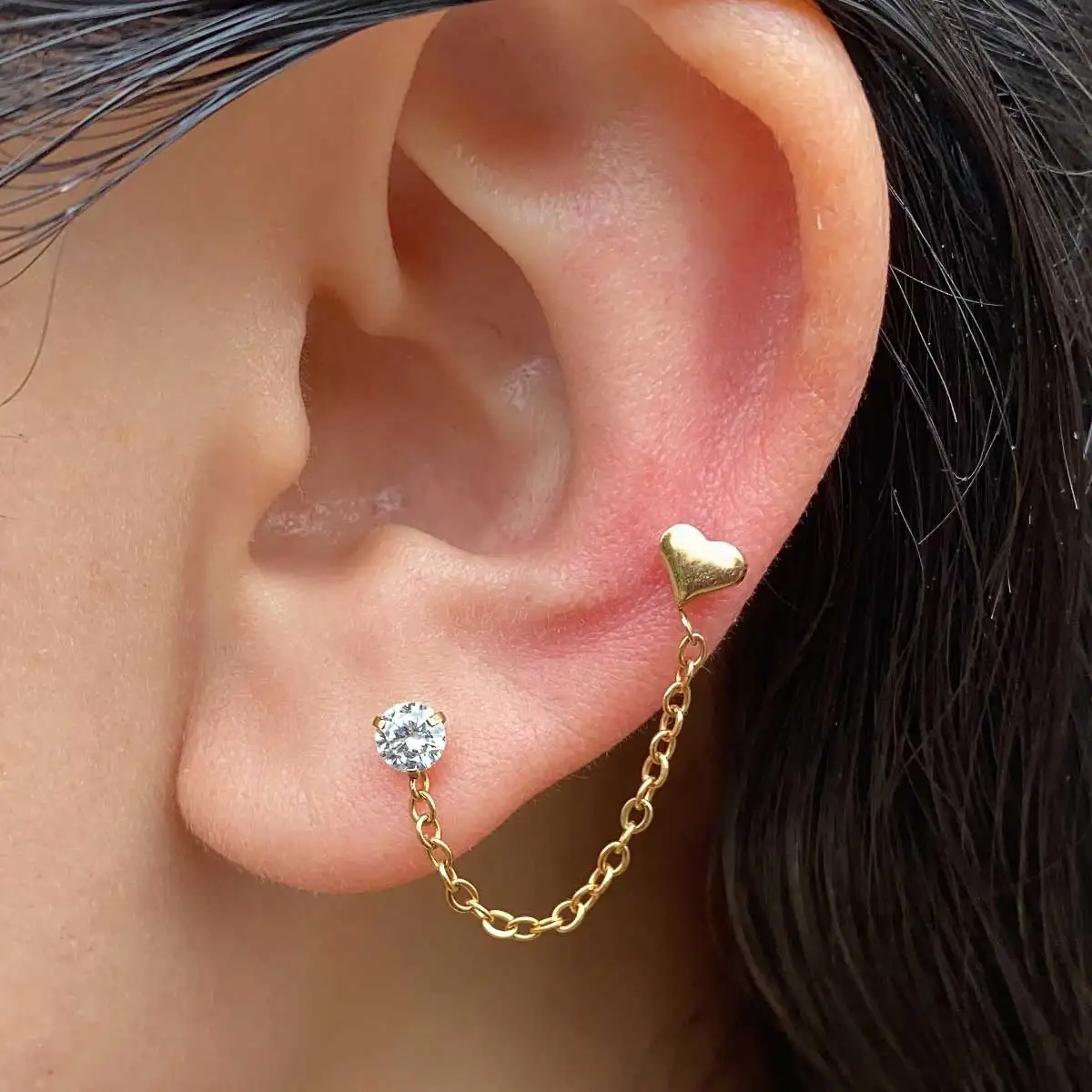 1 piece New Double Ear Holes Studs Tassel Chains Hanging Earring Women Crystal CZ Heart Star Piercing Stainless Steel