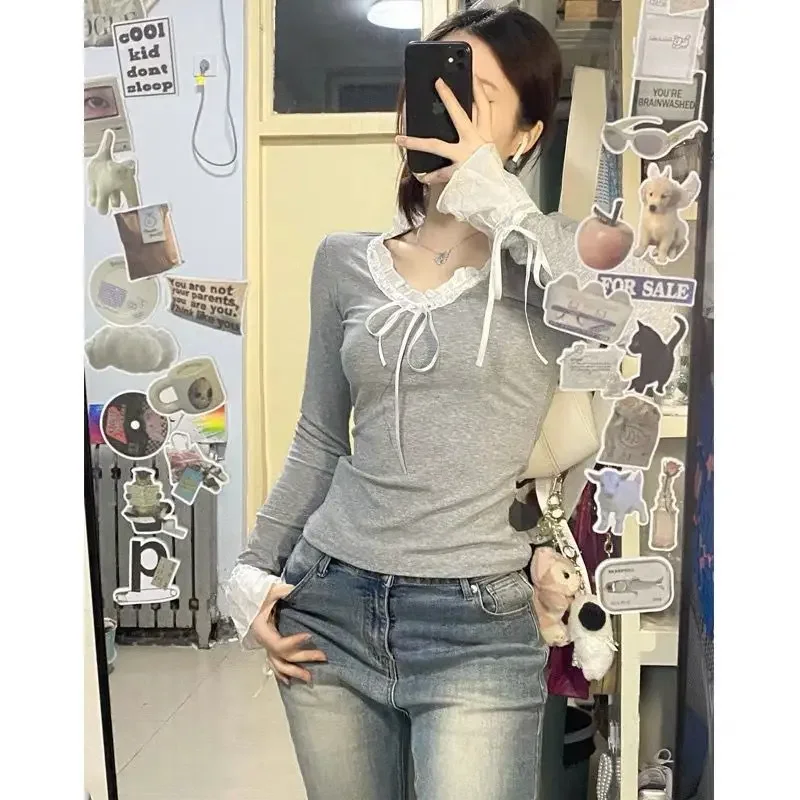 V-Ausschnitt Tops Spitze Schleife Schnürung Frauen T-Shirts Ballett Sweet Flare Ärmel T-Shirts Bandage schlanke Taille Boden y2k japanische Camisetas