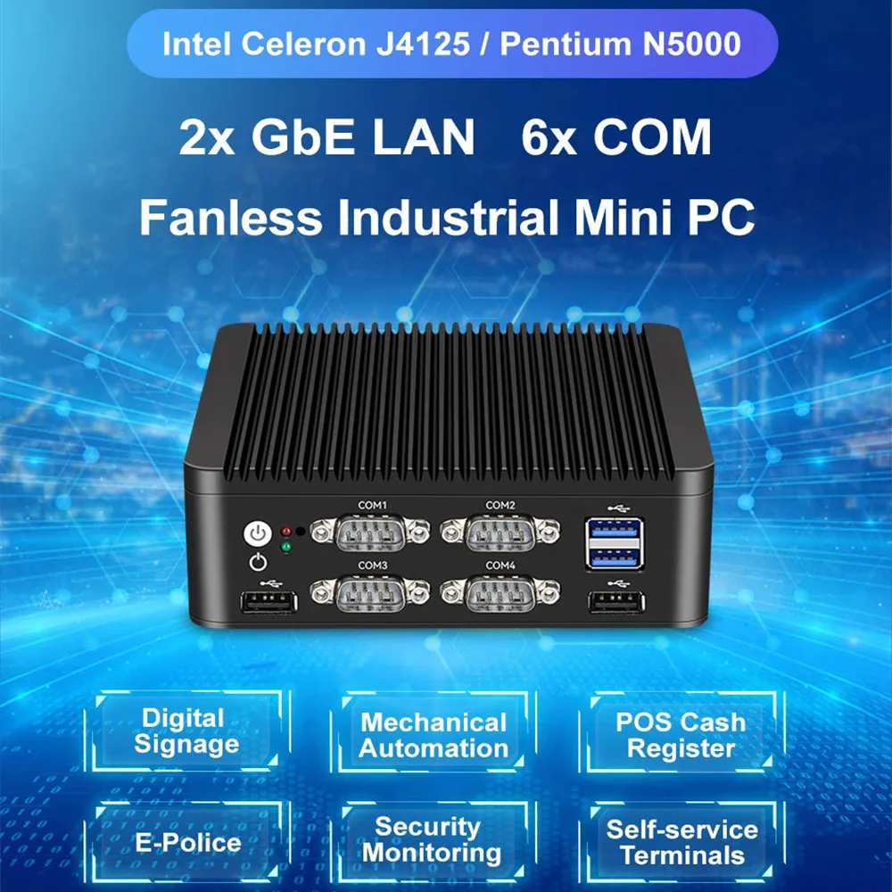 Helorpc Industrial Mini PC Inter Celeron J4125 Support Windows10 with 2xLAN 6xRS232 4xUSB2.0 2xUSB3.0 1xHDMI2.0 Fanless Computer