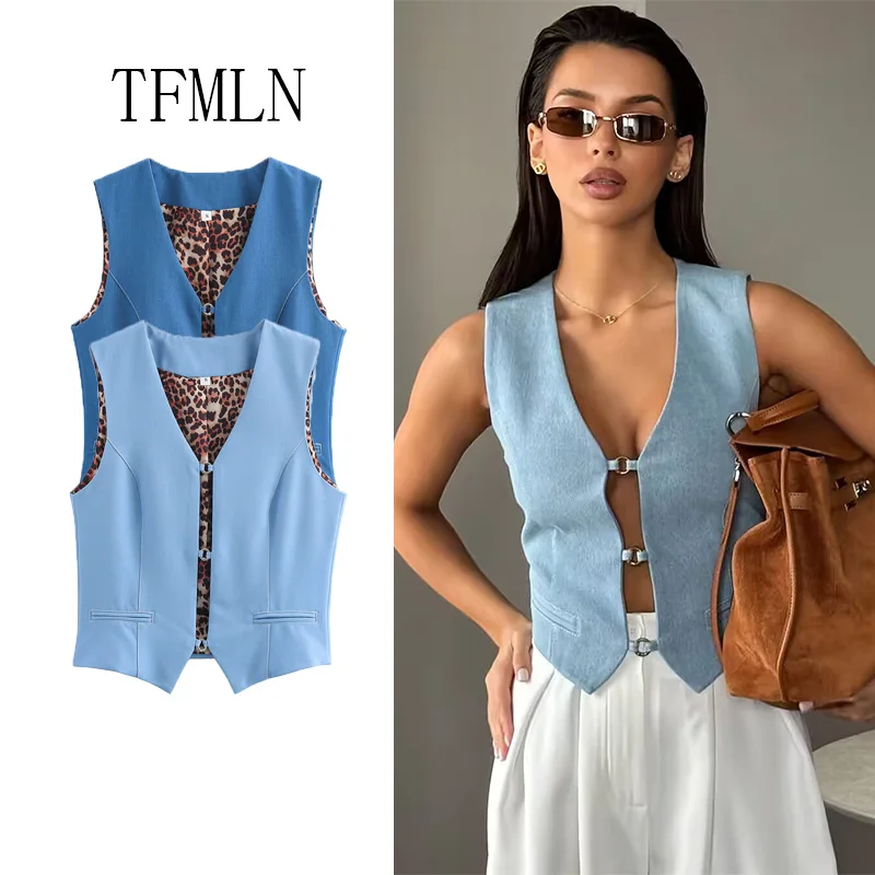 

TFMLN женский джинсовый укороченный жилет на бретелях, топ 2025, летний жилет без рукавов, верхняя одежда, женская мода, повседневный сексуальный синий короткий жилет