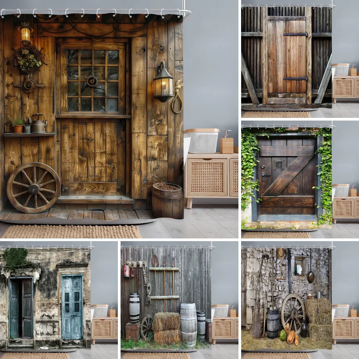 Retro rustikale Holztüren Duschvorhänge Vintage Bauernhaus Scheune alte Tür Home Decor wasserdicht Polyester Badezimmer Vorhang Set