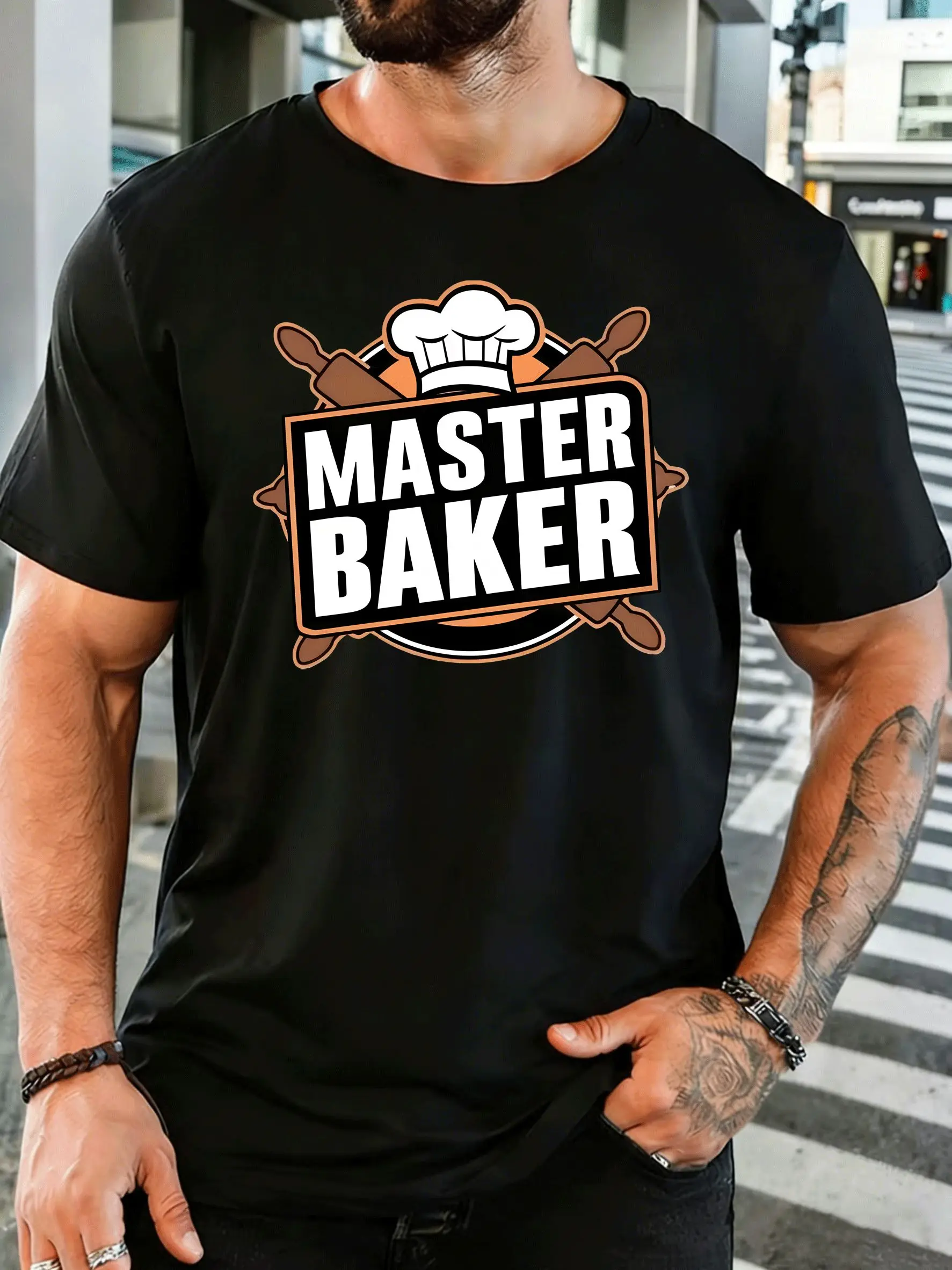 Master Baker Chef Hat Rolling Pin Mens Print T Shirt Baking Lover Badge Graphic Tee Casual Short Sleeve Top Bakery Fan Gift