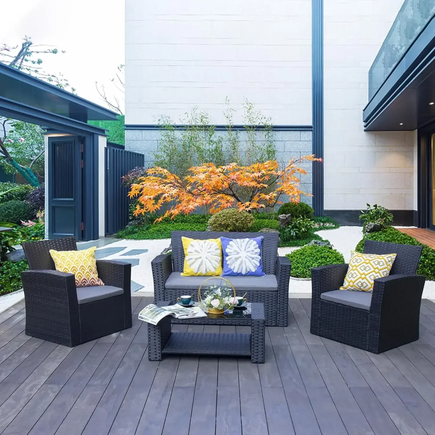 

Комплект уличной мебели из 4 предметов, подушка для патио, плетеный садовый набор из ротанга P.E, полный, черный