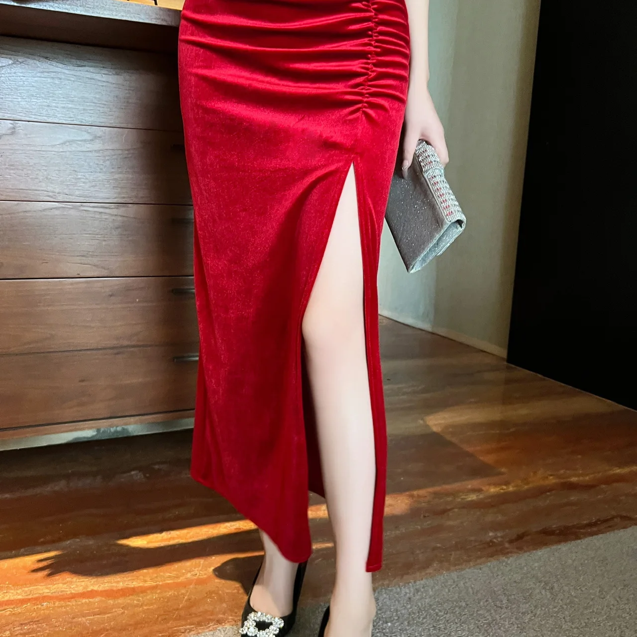 Women's Red Sexy Halter Backless Dress Beaded Velvet Bottom Dress Side Slit Long Dresses