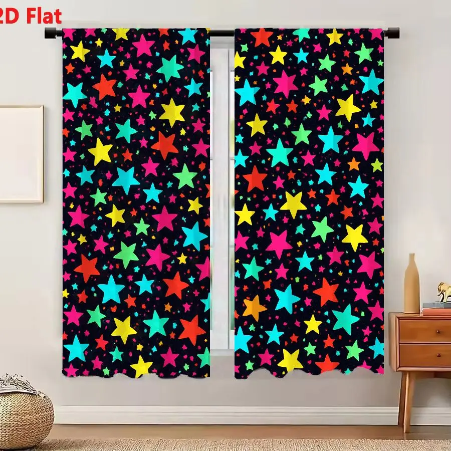 2Pcs Curtains 2D Flat Dark Blue Black Background Colorful Stars And Dots Seamless Pattern Vibrant Festive Whimsical Playful Repe