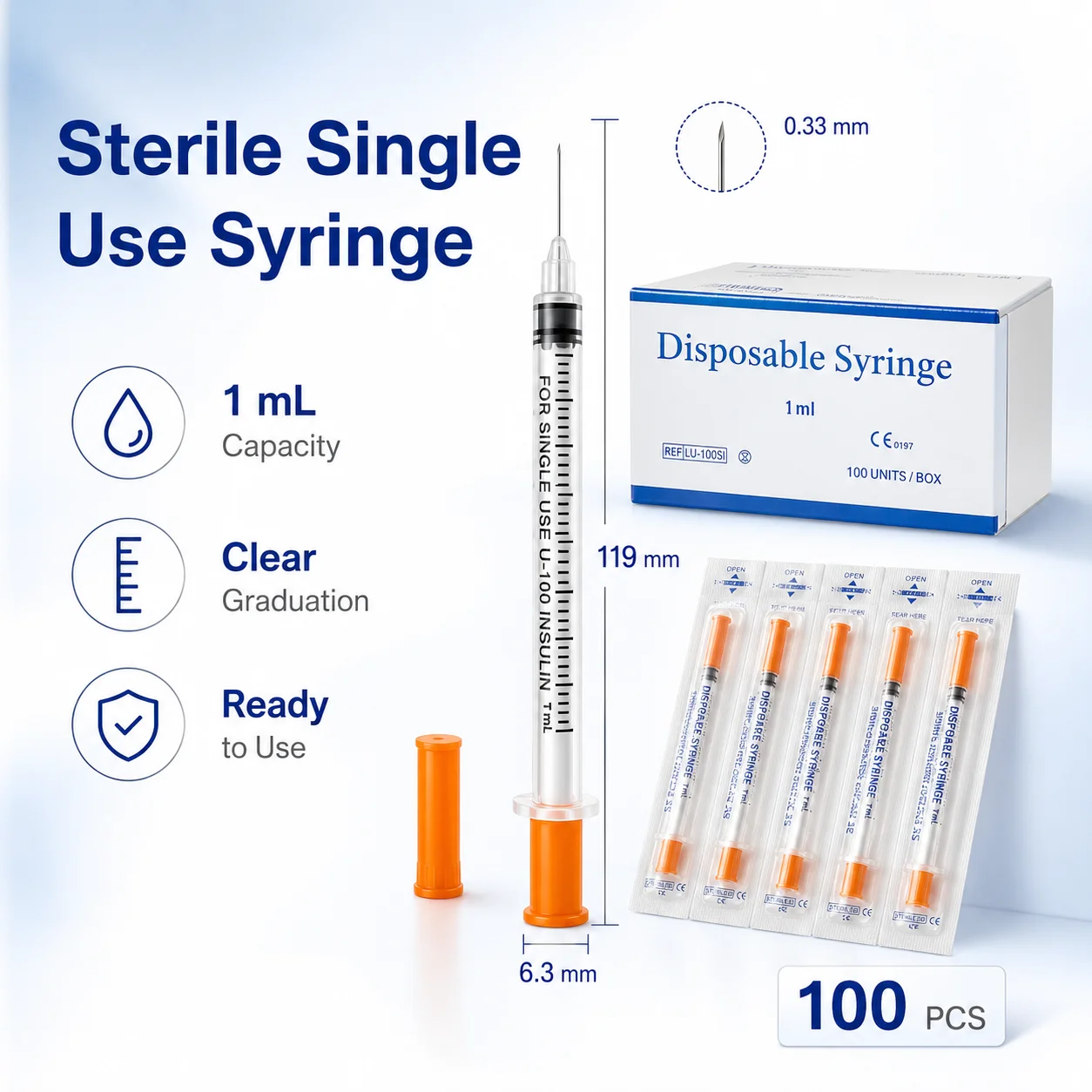 Image of 0,5ML/1ML Einweg-Veterinärspritze aus Kunststoff, Sterile Insulinspritze mit Orangefarbenem Verschluss und Nadel für Haustier- und Nutztierpflege