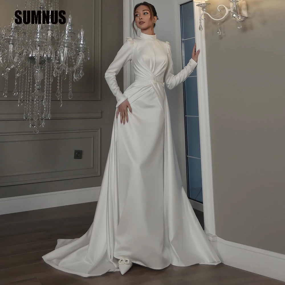 

SUMNUS Ivory Mermaid Wedding Dresses Long Sleeves Pearl High Neck Ruched Satin Elegant Bridal Gowns Customized Beach Bride Dress