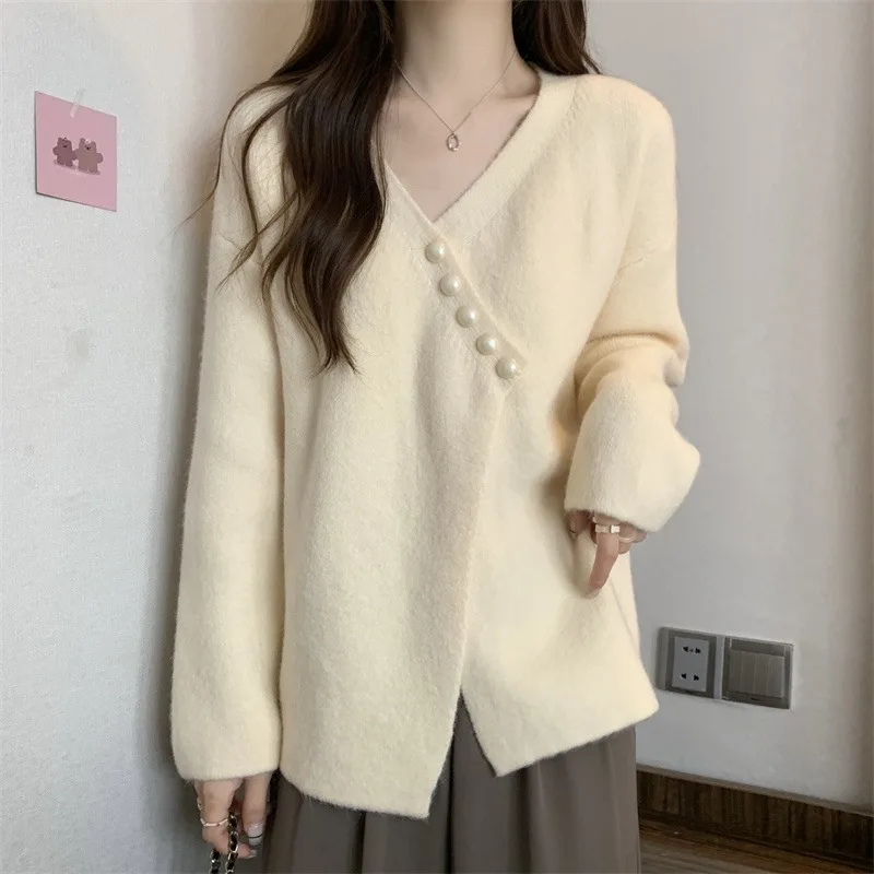 

plus Size Uneven V-Neck Sweater Women Spring Autumn New Style Cover Belly Slimming Warm Knitted Top Comfortable Loose Fit